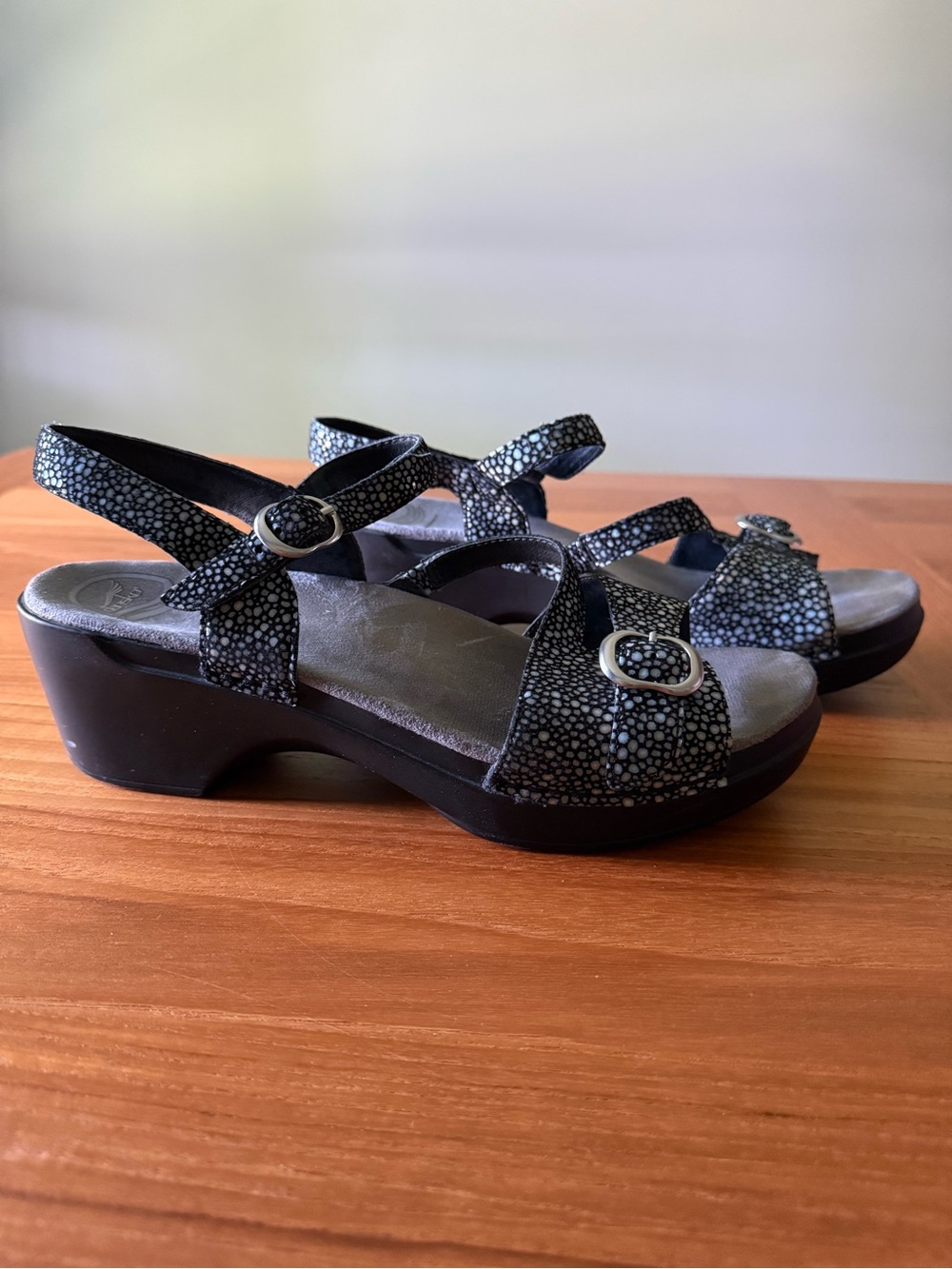 Dansko Sandi Shagreen Black Buckle Platform Sandals